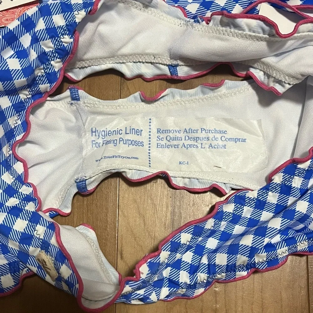 Hobie Girls Blue Gingham Rash Guard Bikini Set UPF 50+ Size 14 NWT